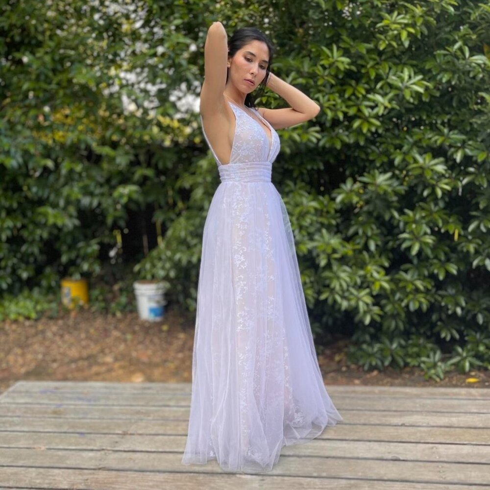 NWT Honey Qiao White Lace Plunge Gown Fairycore Elopement Wedding‎ Dress Sz S